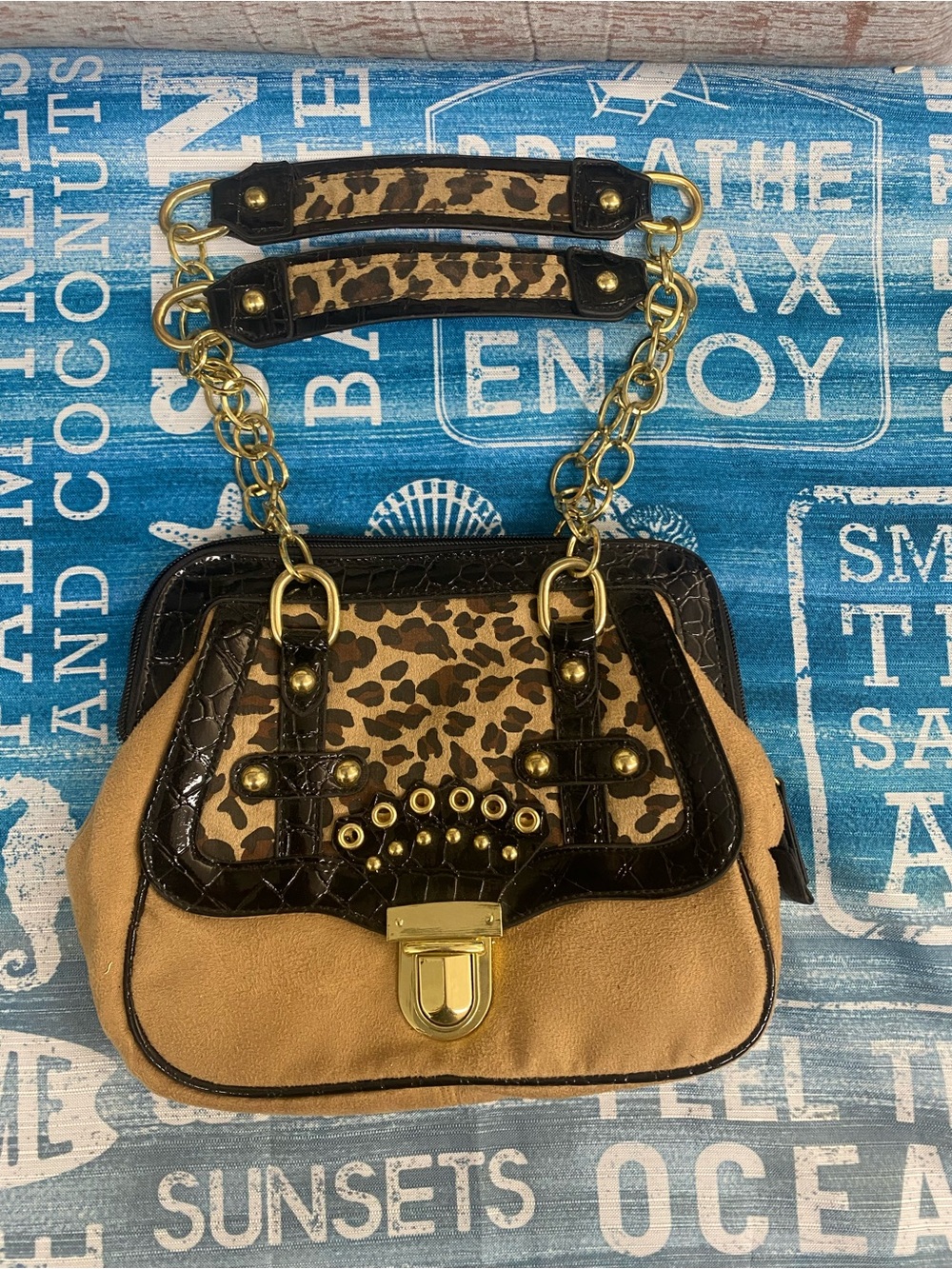 NWOT Leopard Accent Shoulder Bag with Gold Chain Detail in Tan and Black